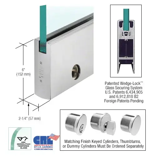 Satin Anodized 5/8" Glass 6" Square Door Rail With Lock - Custom Length