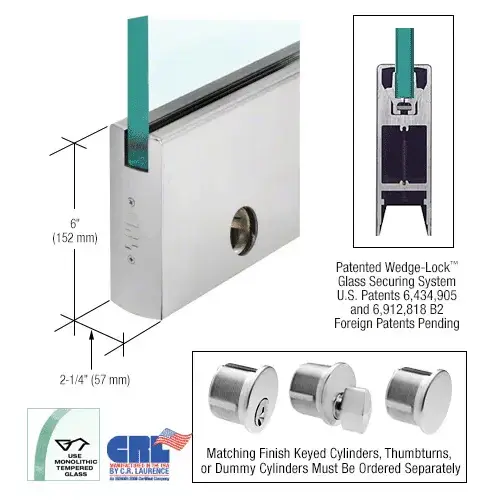 Satin Anodized 5/8" Glass 6" Square Door Rail With Lock - 35-3/4" Length