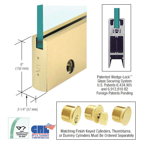 Satin Brass 3/4" Glass 6" Square Door Rail With Lock - Custom Length