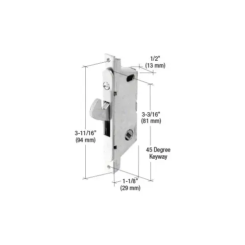 1/2" Wide Stainless Steel Round End Face Plate Mortise Lock with 3-11/16" Screw Holes for Doors - 45 Degree Keyway