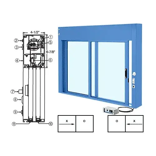 Powder Painted (Specify) Custom Size All Electric Fully Automatic Deluxe Sliding Service Window XO or OX with Aluminum Full Bottom Track
