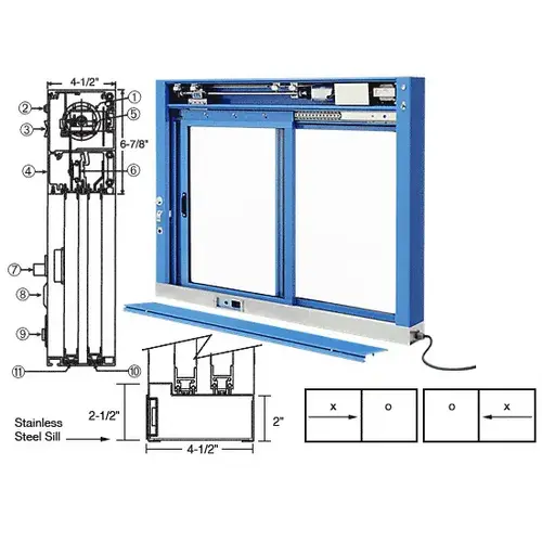 KYNAR Painted (Specify) Custom Size All Electric Fully Automatic Deluxe Sliding Service Window XO or OX With Stainless Steel Sill