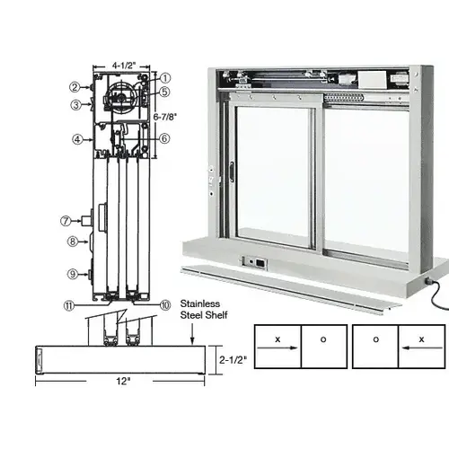 Satin Anodized Custom Size All Electric Fully Automatic Deluxe Sliding Service Window XO or OX With Stainless Steel Shelf