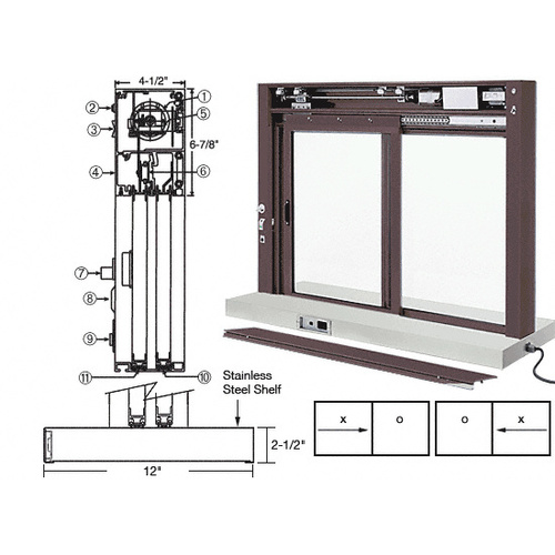 Dark Bronze Custom Size All Electric Fully Automatic Deluxe Sliding Service Window XO or OX With Stainless Steel Shelf
