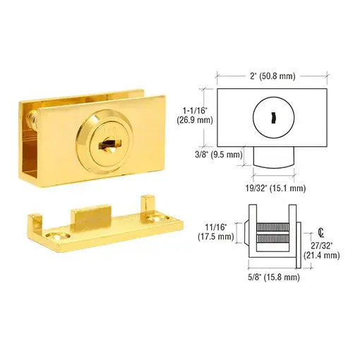 Brass Cam Lock with Stop Plate for 1/4" or 3/8" Glass - Keyed Alike