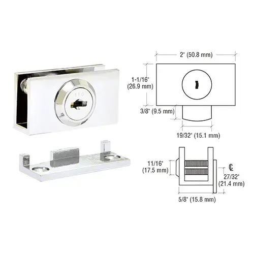 Chrome Cam Lock with Stop Plate for 1/4" or 3/8" Glass - Randomly Keyed