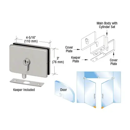 Brushed Stainless European EUR Series Glass Mounted Patch Lock With Keeper Plate
