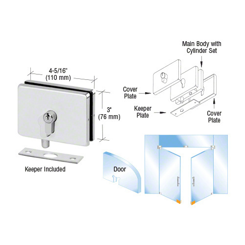 Polished Stainless European EUR Series Glass Mounted Patch Lock With Keeper Plate