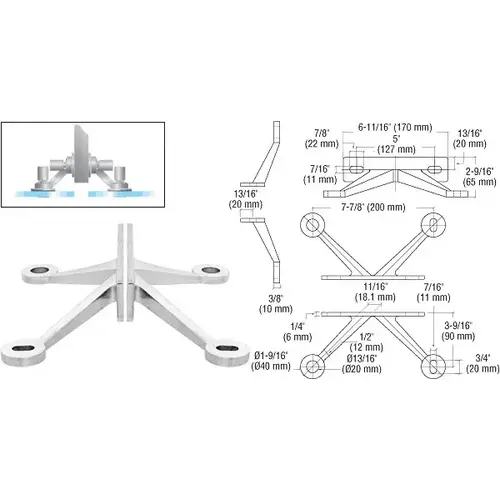 Polished Stainless Regular Duty Spider Fitting 4-Arm "V" Fin Mount Frame