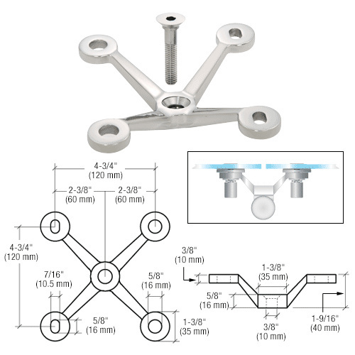 Polished Stainless Four Arm Spider Fitting 'V' Post Mount