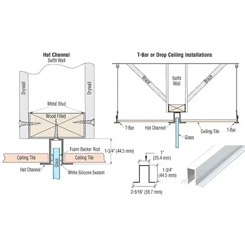 White 240" Length Hat Channel for Fixed Glazing