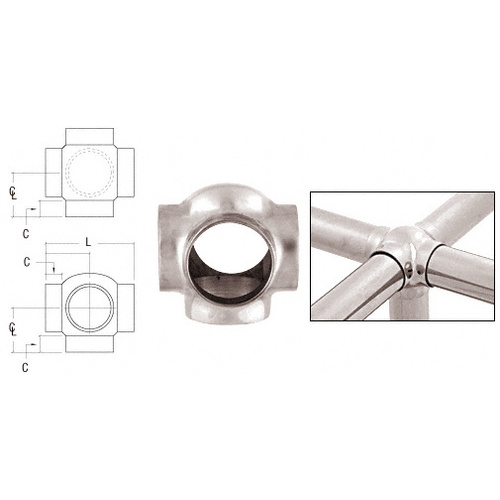 CRL HR15BRPS Polished Stainless 2-5/8" Ball Type Side Outlet Cross for 1-1/2" Tubing