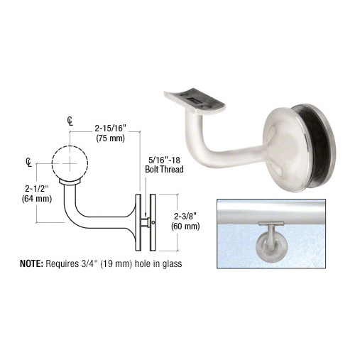 Brushed Stainless Pismo Series Glass Mounted Hand Rail Bracket for 1-1/2" and 1.66" Diameter Hand Rail Tubing