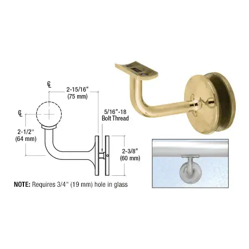 Polished Brass Pismo Series Glass Mounted Hand Rail Bracket for 1-1/2" and 1.66" Diameter Hand Rail Tubing