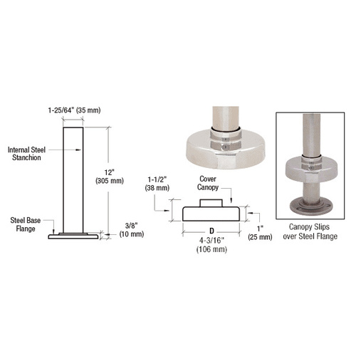 Brushed Stainless Steel Flange and Canopy for 1-1/2" Tubing