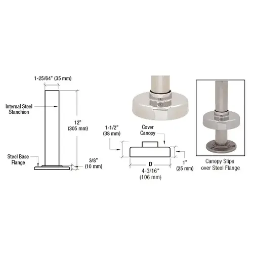 Brushed Stainless Steel Flange and Canopy for 1-1/2" Tubing