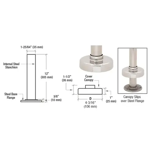 Polished Stainless Steel Flange and Canopy for 1-1/2" Tubing