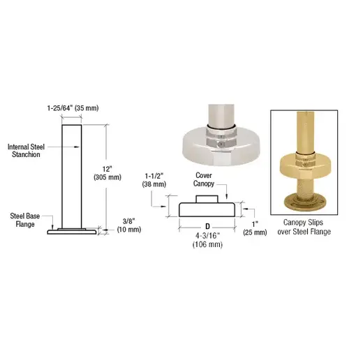 Satin Brass Steel Flange and Canopy for 1-1/2" Tubing