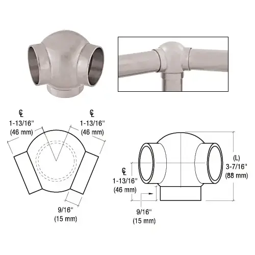 Brushed Stainless 3-5/16" 135 Degree Ball Type Side Outlet Elbow for 2" Tubing