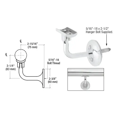 Polished Stainless La Jolla Series Wall Mounted Hand Rail Bracket for 1.9" to 2" Hand Rail Tubing