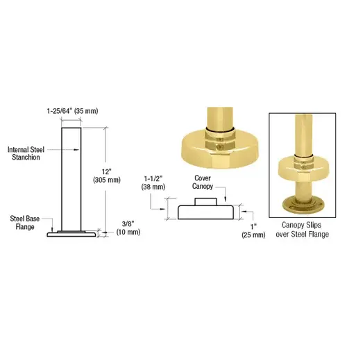 Polished Brass Steel Flange and Canopy for 2" Tubing