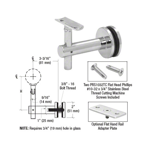 316 Polished Stainless Sunset Series Glass Mounted Hand Rail Bracket