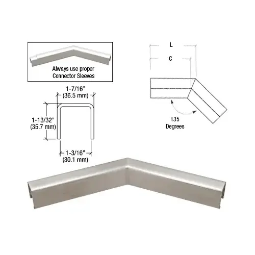 316 Brushed Stainless L10 Series U-Channel 135 Degree Horizontal Corner for 21.52 mm Laminated Glass Cap Railing