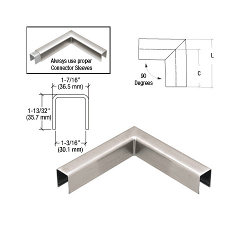 316 Brushed Stainless L10 Series U-Channel 90 Degree Horizontal Corner for 21.52 mm Glass Cap Railing