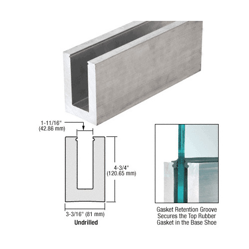 Mill Aluminum L21S Series 118-1/8" Long Standard Square Base Shoe Undrilled for 27/32" Glass