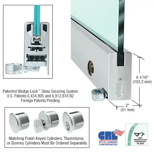 Brushed Stainless 4" Offset Custom Length Square Style Door Rail With Lock for 1/2" Glass