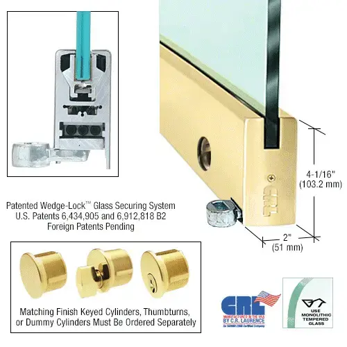 Polished Brass 4" Offset Custom Length Square Style Door Rail With Lock for 1/2" Glass