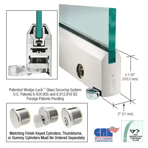 Brushed Stainless 4" Offset Custom Length Tapered Style Door Rail With Lock for 1/2" Glass