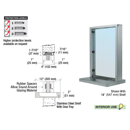 CRL N11W12A Satin Anodized Aluminum Narrow Inset Frame Interior Glazed Exchange Window With 12" Shelf and Deal Tray