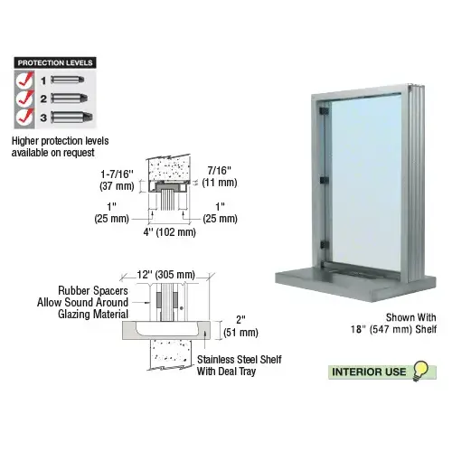 Satin Anodized Aluminum Narrow Inset Frame Interior Glazed Exchange Window With 12" Shelf and Deal Tray