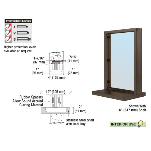 Dark Bronze Aluminum Narrow Inset Frame Interior Glazed Exchange Window with 12" Shelf and Deal Tray