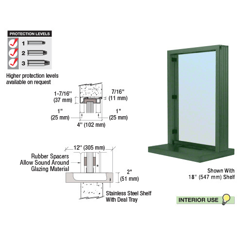 CRL N11W12K KYNAR Painted (Specify) Aluminum Narrow Inset Frame Interior Glazed Exchange Window with 12" Shelf and Deal Tray