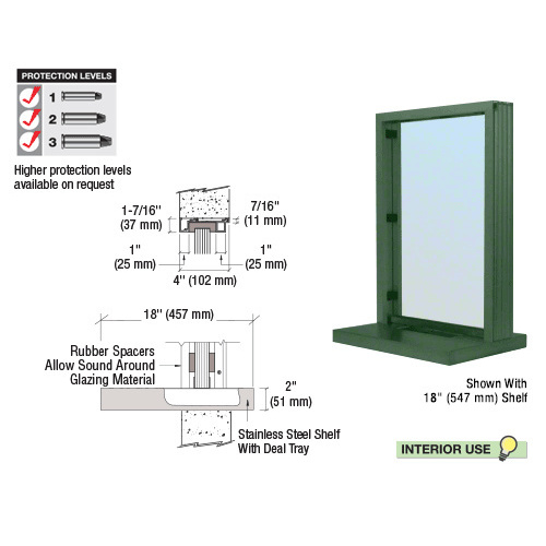 CRL N11W18K KYNAR Painted (Specify) Aluminum Narrow Inset Frame Interior Glazed Exchange Window with 18" Shelf and Deal Tray