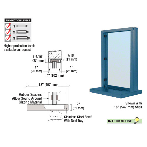 Painted (Specify) Aluminum Narrow Inset Frame Interior Glazed Exchange Window with 18" Shelf and Deal Tray Powder Coated