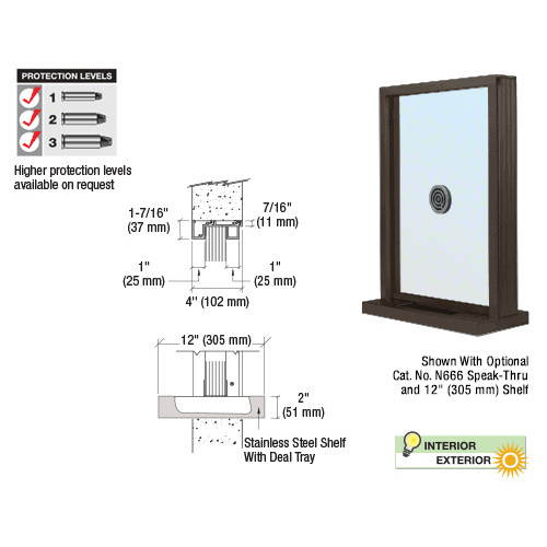 CRL N1EW12DU Dark Bronze Aluminum Narrow Inset Frame Exterior Glazed Exchange Window with 12" Shelf and Deal Tray