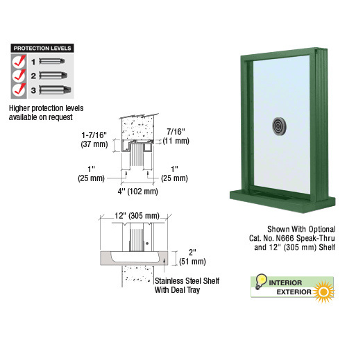 CRL N1EW12K KYNAR Painted (Specify) Aluminum Narrow Inset Frame Exterior Glazed Exchange Window with 12" Shelf and Deal Tray