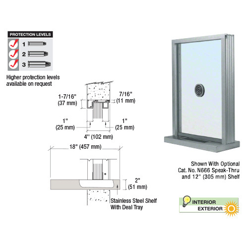 Satin Anodized Aluminum Narrow Inset Frame Exterior Glazed Exchange Window With 18" Shelf and Deal Tray