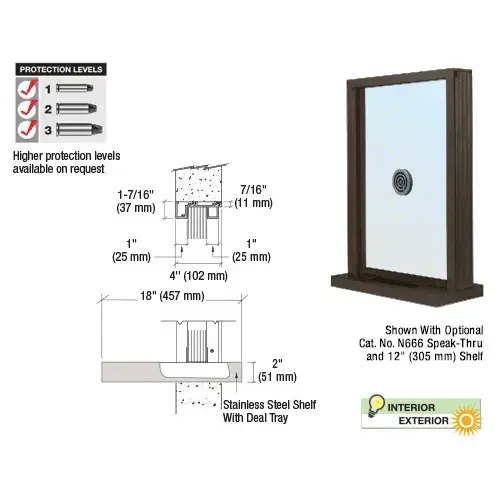 Dark Bronze Aluminum Narrow Inset Frame Exterior Glazed Exchange Window with 18" Shelf and Deal Tray