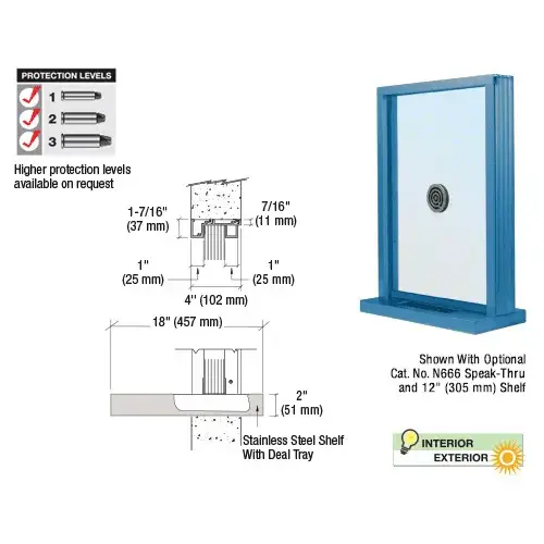Painted (Specify) Aluminum Narrow Inset Frame Exterior Glazed Exchange Window With 18" Shelf and Deal Tray Powder Coated