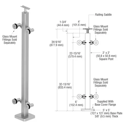 316 Brushed Stainless 36" P1 Series 180 Degree Center Post Railing Kit