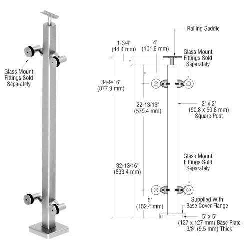 CRL P136CPS 316 Polished Stainless 36" P1 Series 180 Degree Center Post Railing Kit