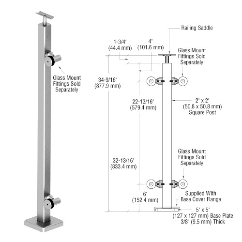 316 Polished Stainless 36" P1 Series End Post Railing Kit