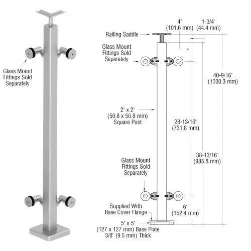 316 Brushed Stainless 42" P1 Series 90 Degree Corner Post Railing Kit