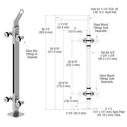 Polished Stainless Custom P2 Series 180 Degree Center Post Railing Kit