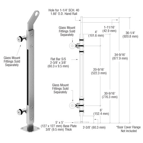 Brushed Stainless 36" P2 Series Right Hand End Post Railing Kit