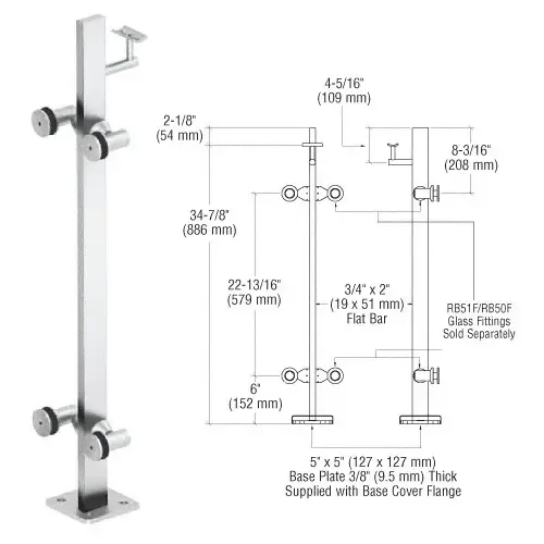 Polished Stainless 36" P3 Series 180 Degree Center Post Railing Kit